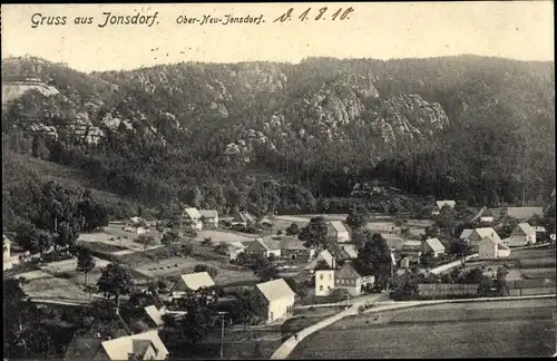 Ak Jonsdorf in Sachsen, Teilansicht vom Ort, Vogelschau, Felsen