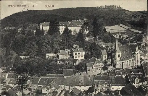 Ak Stolberg Südharz, Teilansicht vom Ort, Kirche, Schloss, Vogelschau