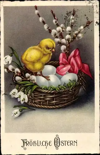 Ak Glückwunsch Ostern, Küken auf Eierkorb, Weidenkätzchen, Schneeglöckchen