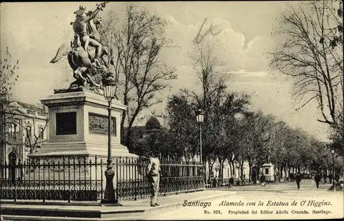 Ak Santiago de Chile, Alameda con la Estatua de O'Higgins