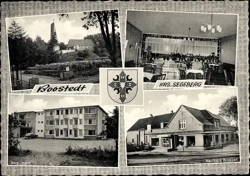 Ak Boostedt in Schleswig Holstein, Kaufhaus Brüggen, Berg-Heim, Wappen