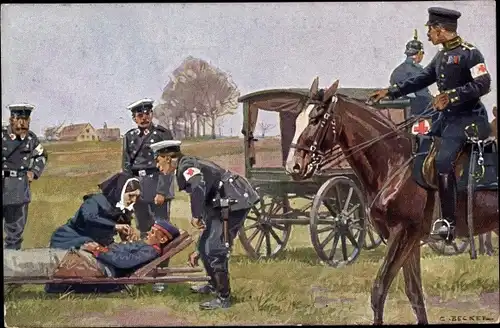 Künstler Ak Becker, Carl, Sanitäter versorgen verletzten Soldaten, Deutsches Rotes Kreuz 1914