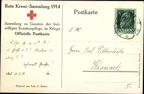 Künstler Ak Becker, Carl, Sanitäter versorgen verletzten Soldaten, Deutsches Rotes Kreuz 1914
