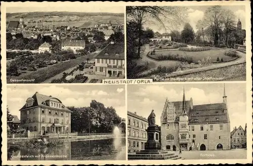 Ak Neustadt an der Orla, Gesamtansicht, Stadtpark u. -mauer, Gamsenteich, Krankenkasse, Rathaus