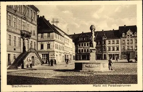 Ak Bischofswerda in Sachsen, Marktplatz, Paradiesbrunnen, Rathaus, Sparkasse, Paul Bauer, H. Zwahr