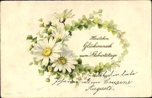 Präge Litho Glückwunsch Geburtstag, Ginkgoblätter, weiße Blüten