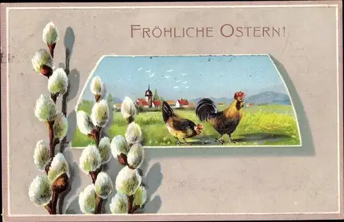Präge Litho Glückwunsch Ostern, Hühner, Ort, Weidenkätzchen