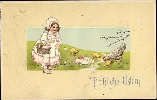 Präge Litho Glückwunsch Ostern, Küken, Huhn, Ostereier, Mädchen, Weidenkätzchen
