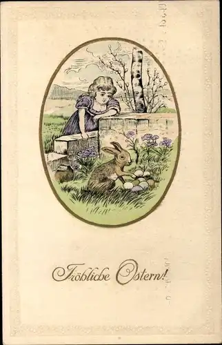 Passepartout Präge Litho Glückwunsch Ostern, Osterhase versteckt Ostereier, Mädchen