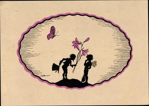 Scherenschnitt Künstler Ak Zwerg überreicht Elfe eine Blume, Schmetterling