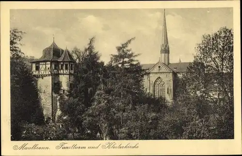 Ak Maulbronn im Schwarzwald, Faustturm, Klosterkirche, Bäume