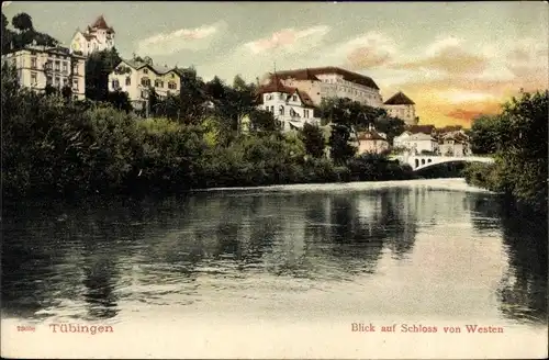 Ak Tübingen am Neckar, Flusspartie, Brücke, Teilansicht vom Ort, Schloss, Blick von Westen