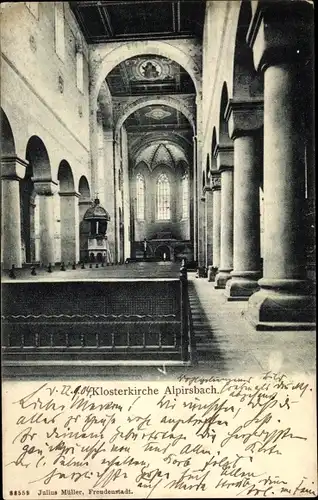 Ak Alpirsbach im Kreis Freudenstadt, Klosterkirche, Innenansicht, Sitzbänke, Kanzel, Säulen, Decke