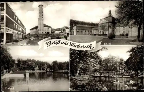 Ak Wickrath Mönchengladbach im Ruhrgebiet, Pfarrkirche, Schloss, Freibad, Halbinsel