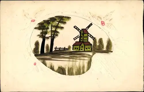 Handgemalt Passepartout Ak Windmühle, Blumen