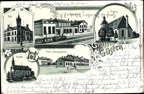 Litho Güsten Sachsen Anhalt, Post, Bahnhof, Kirche, Kapelle, Schule