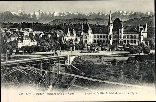 Ak Bern Stadt Schweiz, Historisches Museum, Alpen, Brücke