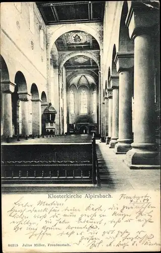Ak Alpirsbach im Kreis Freudenstadt, Klosterkirche, Innenansicht, Bänke, Kanzel, Säulen, Decke