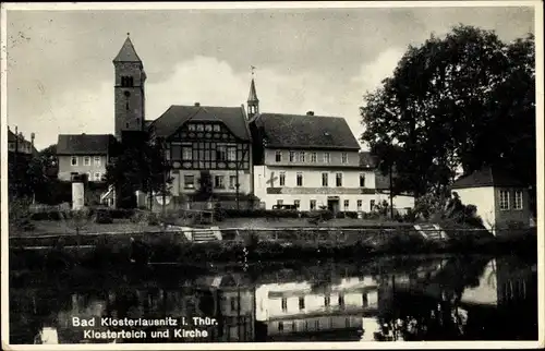 Ak Bad Klosterlausnitz in Thüringen, Partie am Klosterteich, Kirche, Gasthaus Drei Schwäne