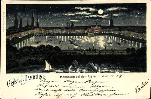 Mondschein Litho Hamburg Mitte Altstadt, Nacht auf der Alster, Sternenhimmel, Silhouette der Kirchen