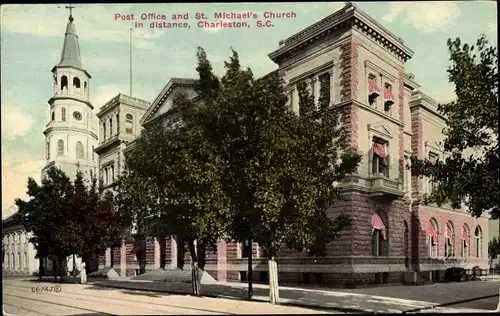 Ak Charleston South Carolina USA, Post Office, St. Michael's Church