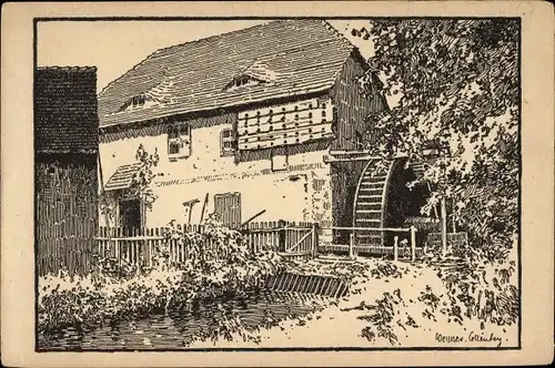Künstler Ak Weßner, Alfred, Körbisdorf, Ehemals Dorf im Geiseltal Sachsen Anhalt, Wassermühle