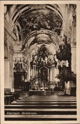 Ak Amorbach in Unterfranken, Abteikirche, Innenansicht, Sitzbänke, Deckenfresko, Kanzel, Altar