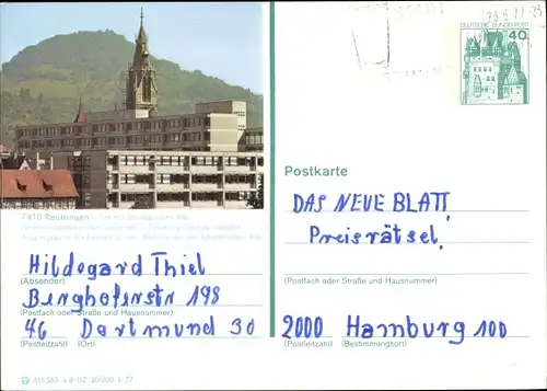 Ak Reutlingen in Baden Württemberg, Teilansicht, Kirchturm