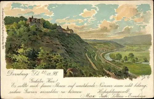 Künstler Litho Dornburg Camburg in Thüringen, Ortschaft mit Landschaftsblick, Lotterie