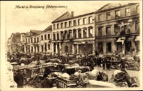 Ak Szczytno Ortelsburg Ostpreußen, Markt, Kriegszerstörungen, I. WK