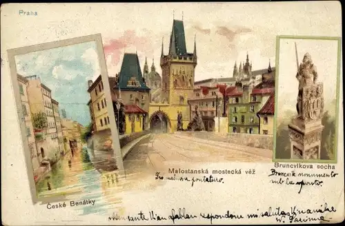 Litho Praha Prag, Ceske Benatky, Malostanska mostecka vez, Bruncvikova socha