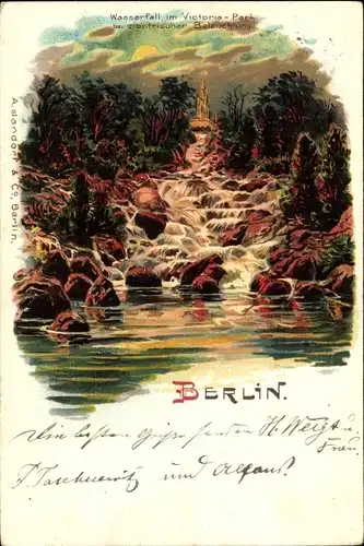 Mondschein Litho Berlin Kreuzberg, Wasserfall im Victoriapark b. elektrischer Beleuchtung