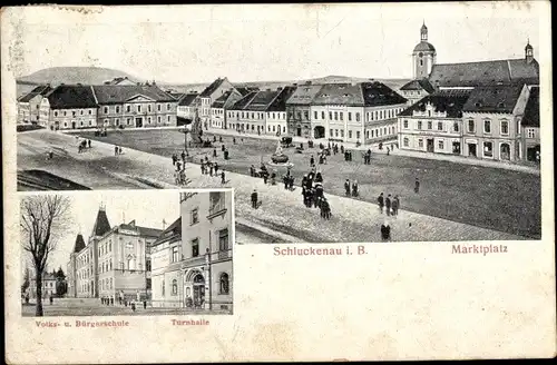 Ak Šluknov Schluckenau Region Aussig, Volks- und Bürgerschule, Turnhalle, Marktplatz