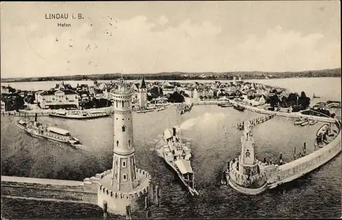 Ak Lindau am Bodensee Schwaben, Hafen, Leuchtturm, Löwenstatue