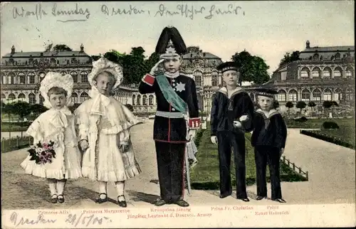 Ak Kronprinz Georg von Sachsen, Uniform, Leutnant, Alix, Margarethe, Fr. Christian, Ernst Heinrich