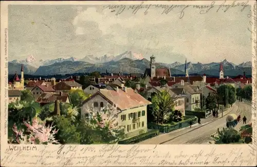 Künstler Litho Weilheim im Schongau Oberbayern, Blick über die Dächer der Stadt