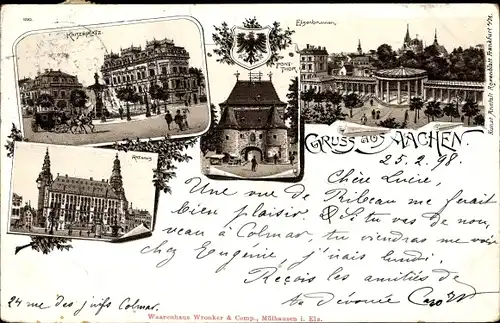 Litho Aachen in Nordrhein Westfalen, Kaiserplatz, Rathaus, Ponttor, Elisenbrunnen