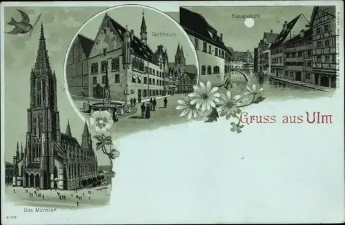 Mondschein Litho Ulm an der Donau, Münster, Rathaus, Blauansicht