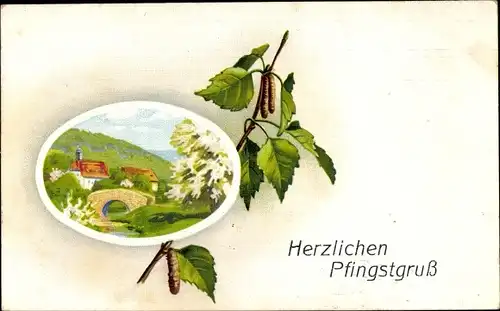 Passepartout Ak Glückwunsch Pfingsten, Birkenzweig, Frühlingsidylle