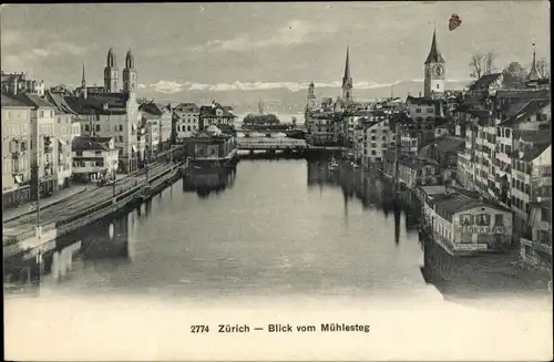 Ak Zürich Stadt Schweiz, Stadtpanorama vom Mühlesteg, Bäder