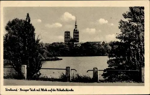 Ak Stralsund in Mecklenburg Vorpommern, Knieper Teich m. Blick auf die Nikolaikirche