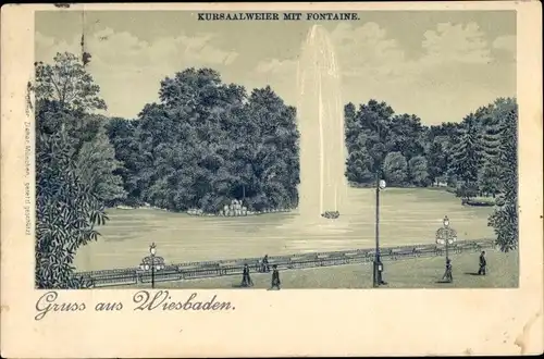 Litho Wiesbaden in Hessen, Kursaalweiher m. Fontäne