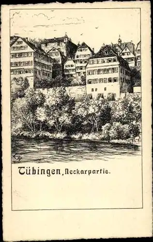 Künstler Ak L. H., Tübingen am Neckar, Neckarpartie, Häuser, Bäume