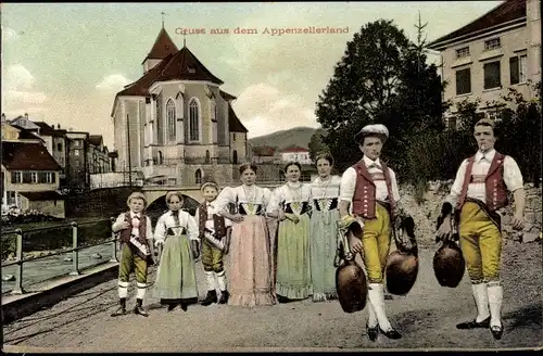 Ak Kt. Appenzell Innerrhoden Schweiz, Volkstrachten, Kirche