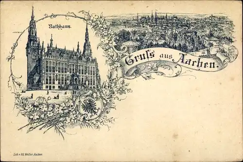 Litho Aachen in Nordrhein Westfalen, Rathaus, Stadtpanorama