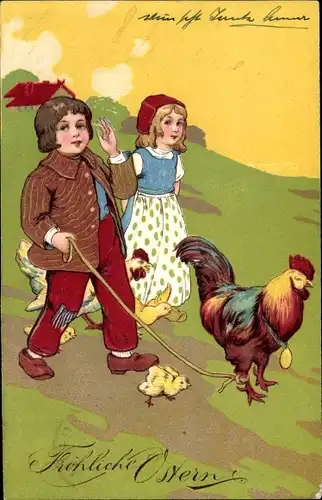 Präge Ak Glückwunsch Ostern, Küken, Hühner, Kinder
