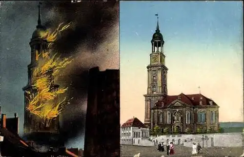 Ak Hamburg,  Brand der Michaeliskirche, 3. Juli 1906, Turm in Flammen, Kirche vor dem Brand