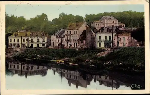 Ak Véretz Indre et Loire, Vue du Centre, La Mairie, Le Cher, rivage, Hôtel