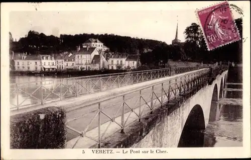 Ak Véretz Indre et Loire, Le Pont sur le Cher, vue partielle du village