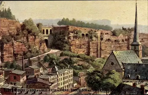 Künstler Ak Beraud, N., Luxemburg, Bock et la Ville, Basse du Grund